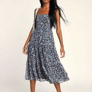 Blue Floral Print Tiered Midi Dress